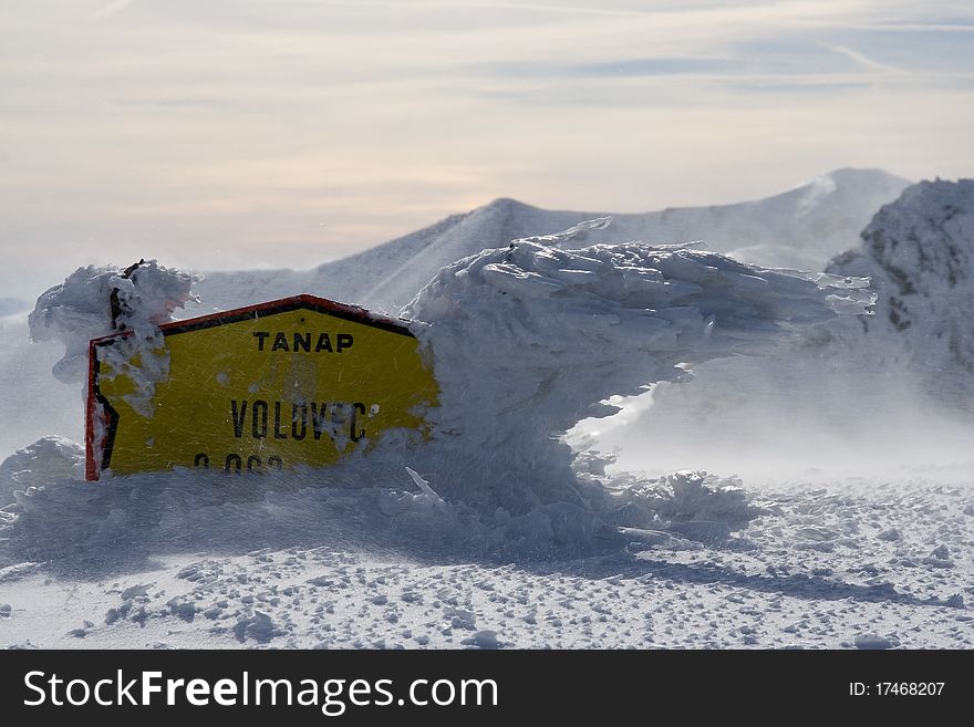 Frostwork on an information board; The Tatra Mountains