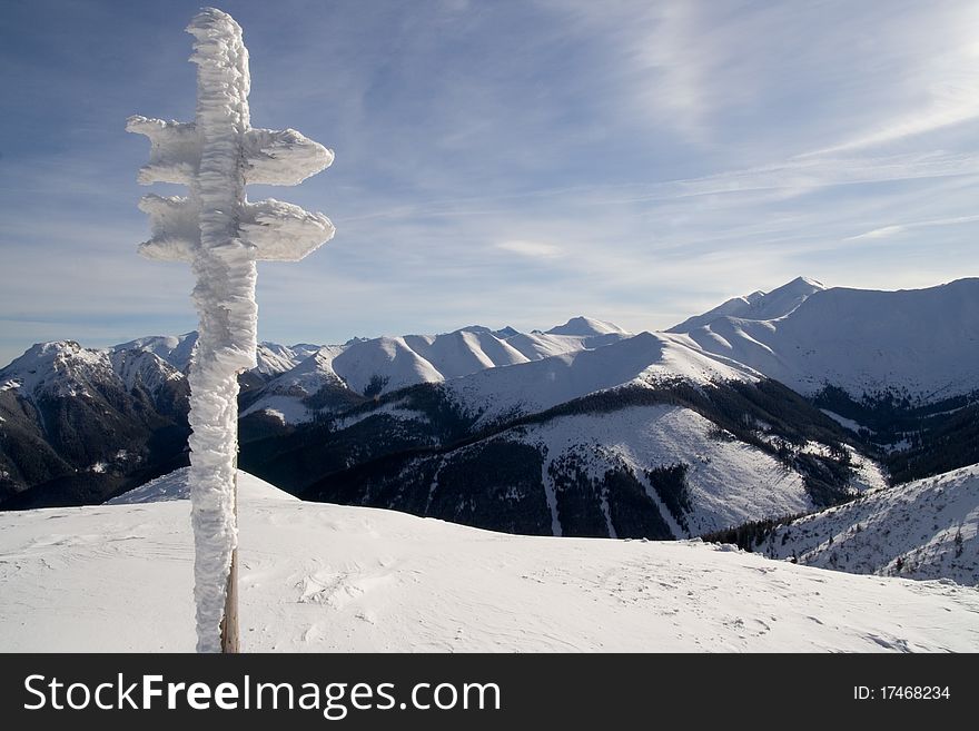 Frostwork on a pole; The Tatra Mountains. Frostwork on a pole; The Tatra Mountains