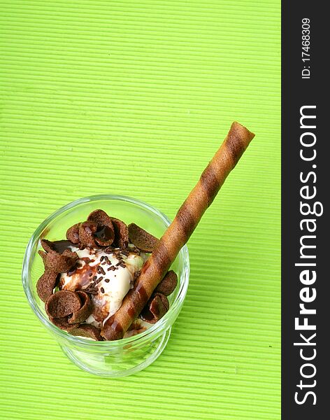 Chocolate ice cream in a glass cup. Chocolate ice cream in a glass cup