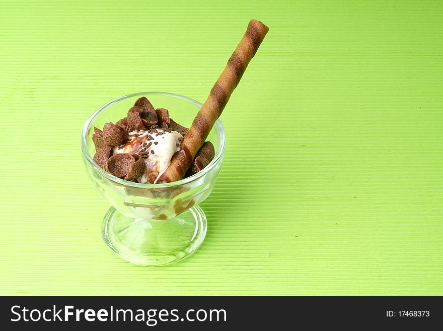 Chocolate ice cream in a glass cup. Chocolate ice cream in a glass cup