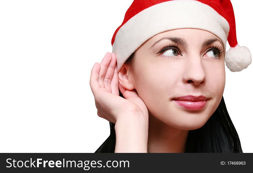 Santa's woman listening good gossip on a white background