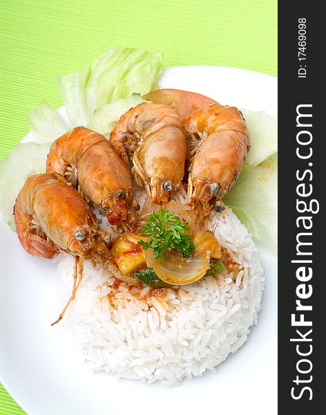 White rice with hot and spicy shrimps. White rice with hot and spicy shrimps