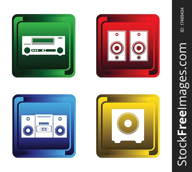 Four colorful, music buttons on a white background. Four colorful, music buttons on a white background