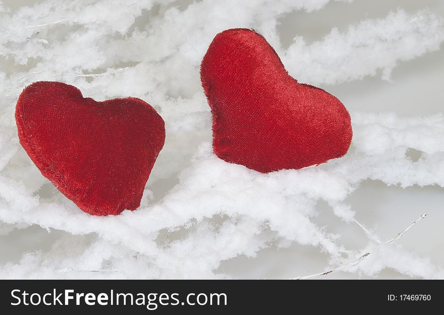 Two hearts between branches covered with snow for Valentine's Day