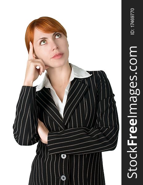 Woman in business suit holds her hand like she is thinking. Woman in business suit holds her hand like she is thinking