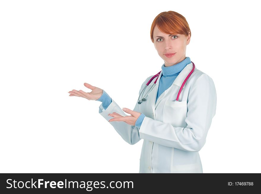 A lady doctor hold her hand like she is showing something