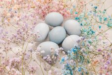 Hand Painted Easter Eggs On A Background Of Multicolored Pastel Flowers Stock Images