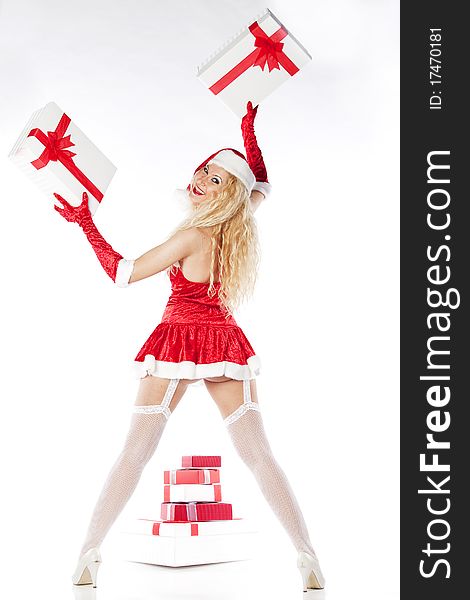 Sexy Girl With Blonde Curly Hair Dressed As Santa