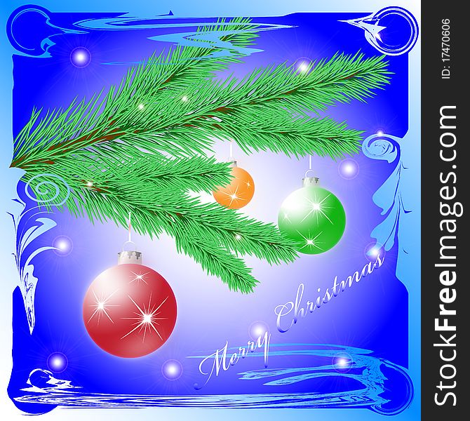 Christmas greeting Card with Christmas tree branch and Christmas balls, vector illustration, eps10