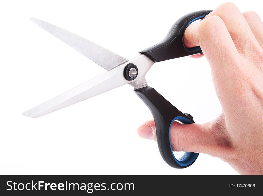 Hand hold scissors. Isolated. Cut