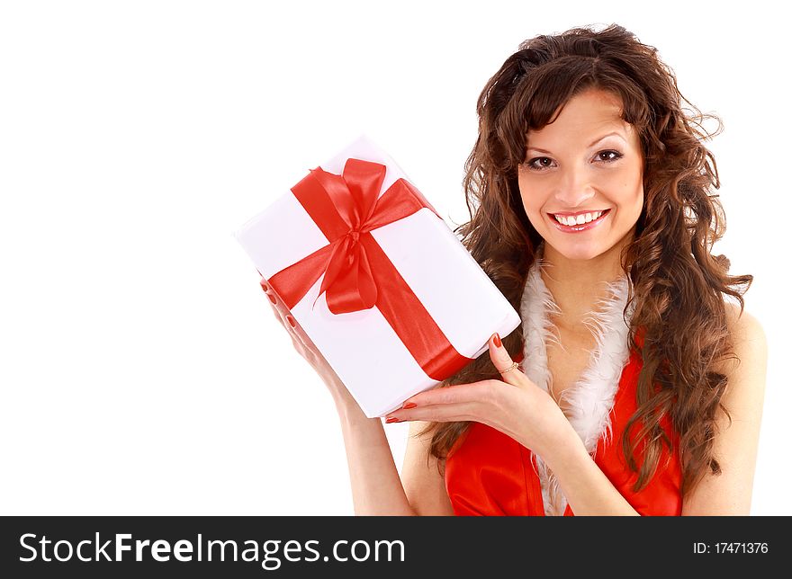 Picture of cheerful santa helper girl with gift box