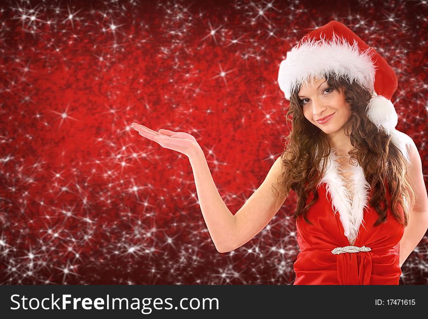 Woman dressed as santa with her hand up, place your product here