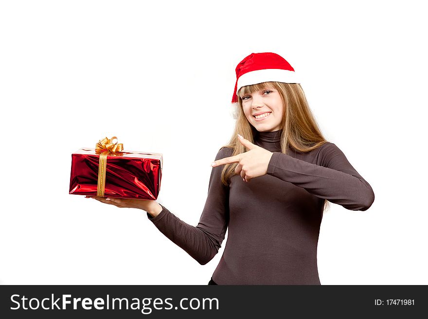 The girl holding the red box present. The girl holding the red box present