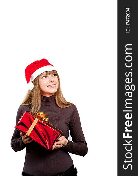 Cute laughing girl holding the red box present