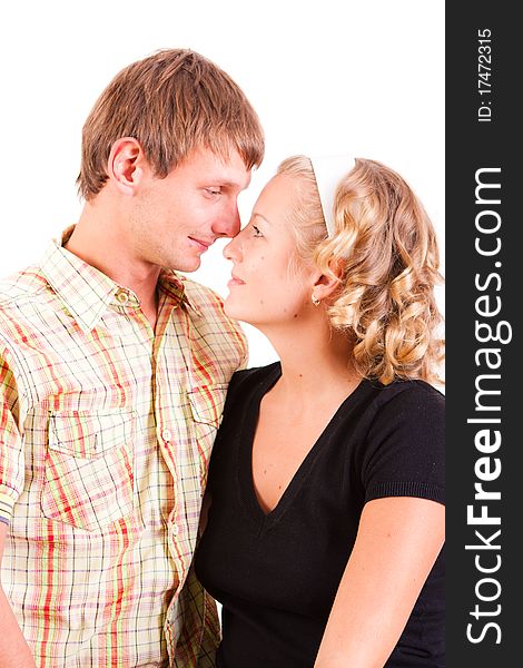 Young domestic pair on a white background