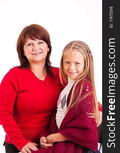 Mother with daughter on a white background