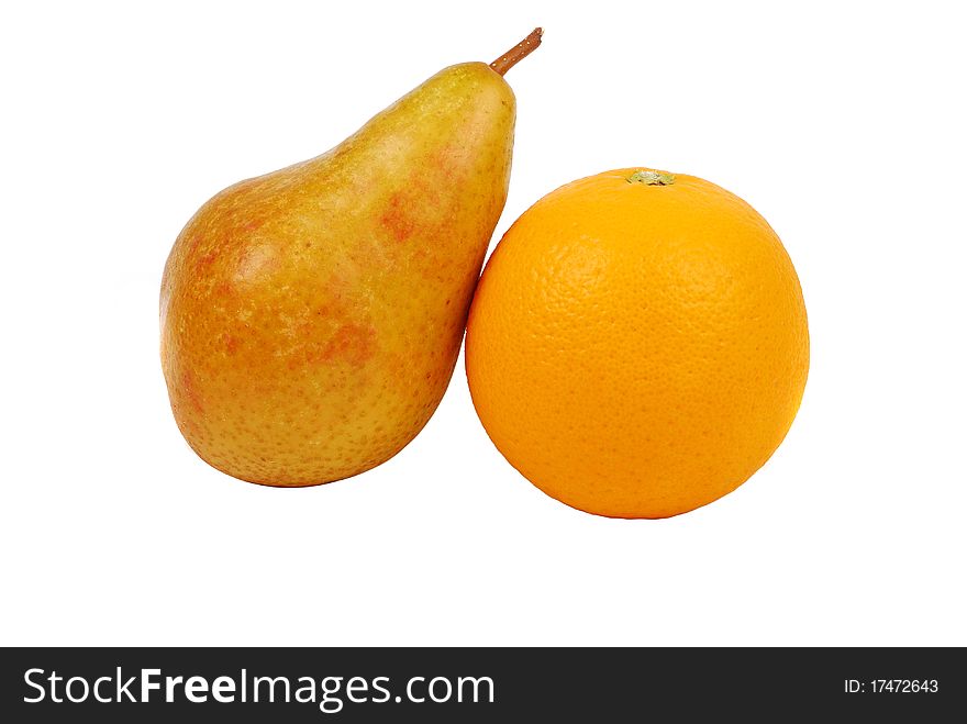 Pear and orange on a white background