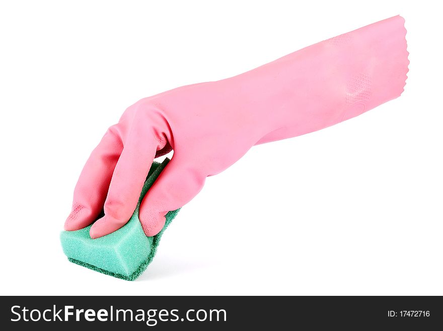 Gloved hand holding a kitchen sponge isolated on a white background