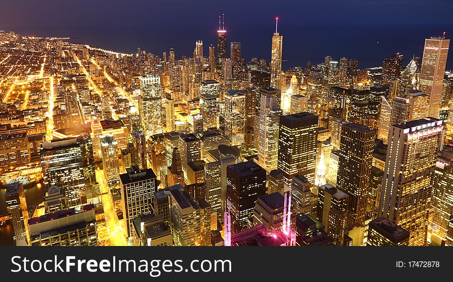 View to Downtown Chicago / USA from high above at twilight