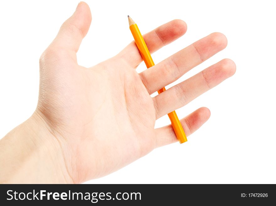 Hand hold pencil. Isolated. Solution