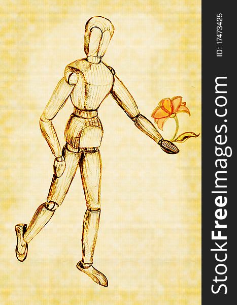 Wooden mannequins carries in his hand a flower, pencil drawing. Wooden mannequins carries in his hand a flower, pencil drawing