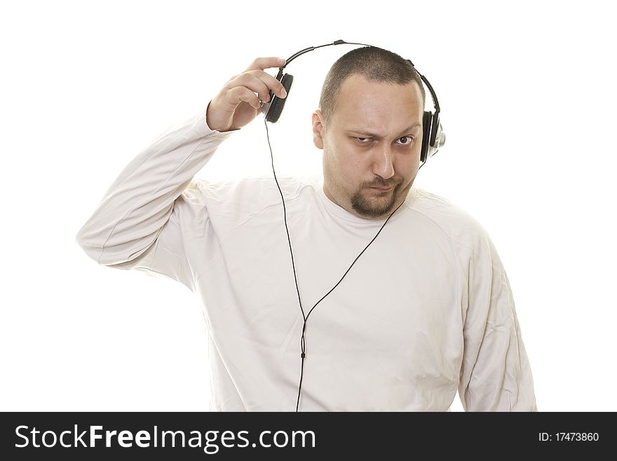 Man Listens  Music Through Headphones