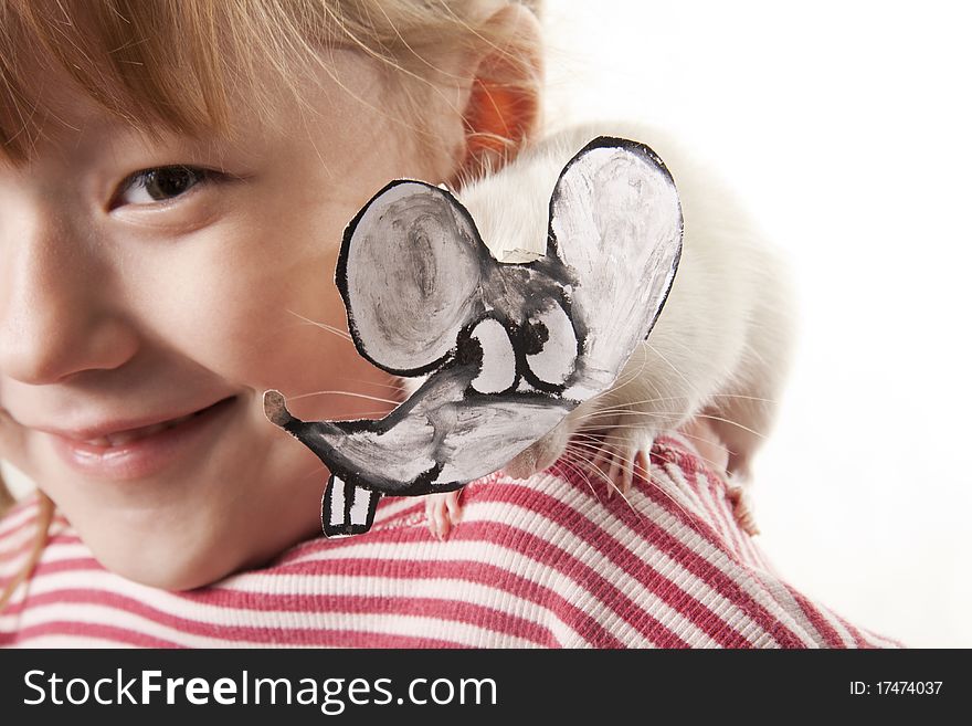 Creative little girl and its rat in a mask of a rat. Creative little girl and its rat in a mask of a rat