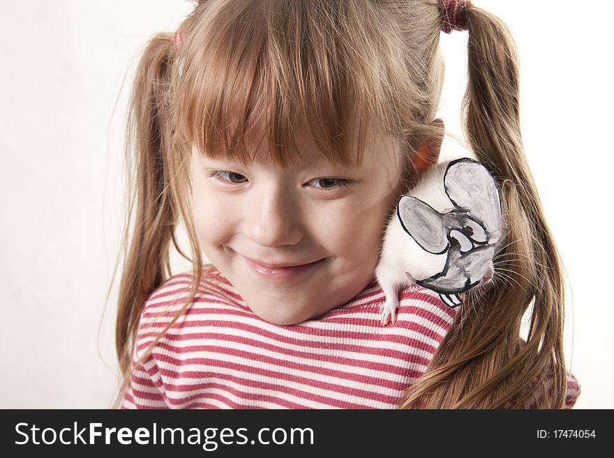 Creative little girl and its rat in a mask of a rat. Creative little girl and its rat in a mask of a rat