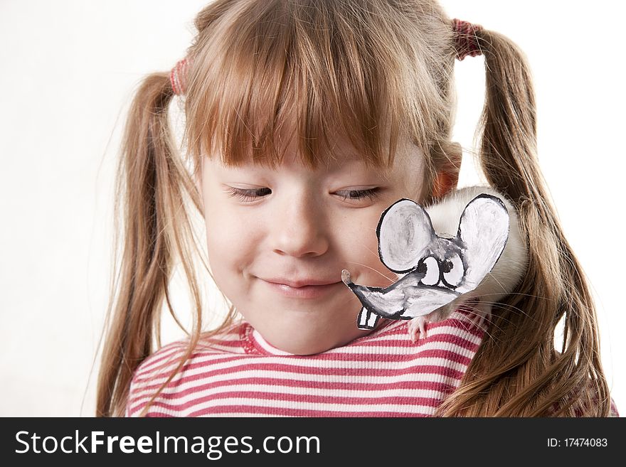 Creative little girl and its rat in a mask of a rat. Creative little girl and its rat in a mask of a rat