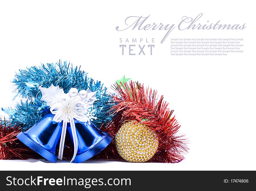 Blue christmas bell and silver bow ribon on white background with copy space. Blue christmas bell and silver bow ribon on white background with copy space