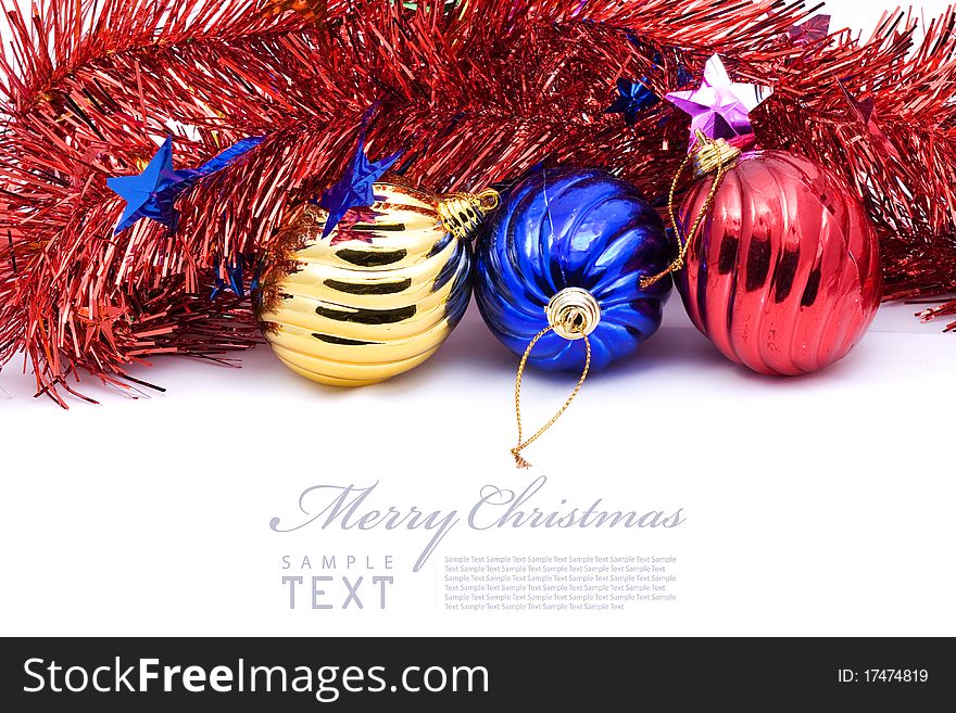 Red and blue christmas blubs on white background with copy space. Red and blue christmas blubs on white background with copy space