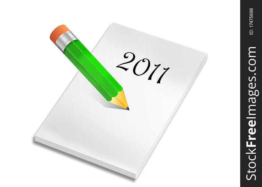 Illustration of an icon of a simple pencil and notebook with an inscription 2011