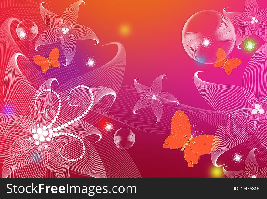 Background with abstract colors and lines, a background with butterflies, abstract flowers with curls, soap bubbles, a bright background with stars