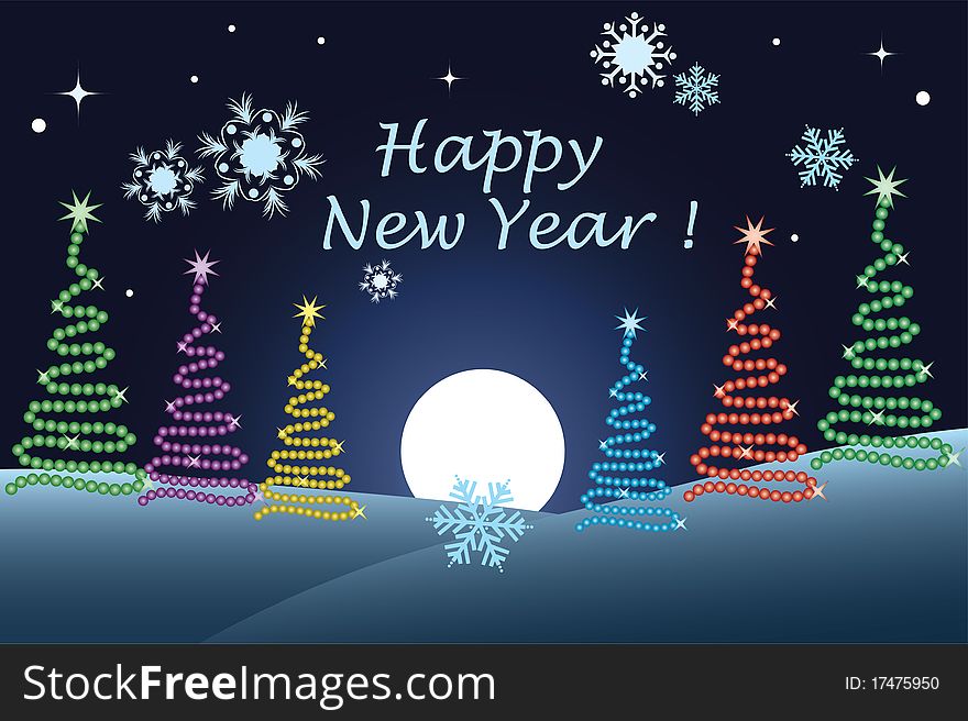 vector holiday illustration of abstract colorful Christmas trees in the moonlight