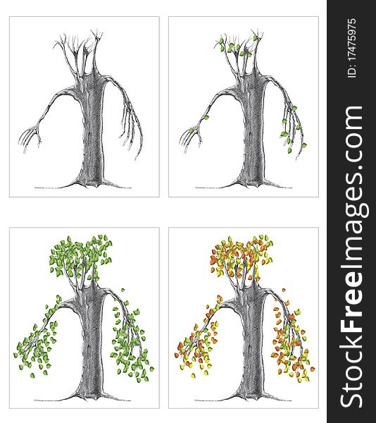 Seasons on a tree against white background, abstract art illustration
