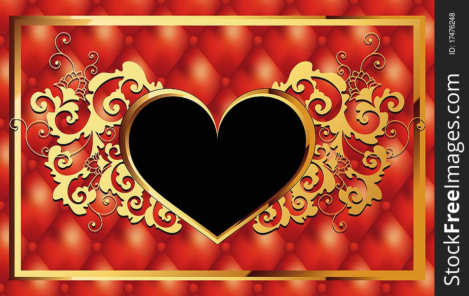 Heart and golden floral composition on red leather background. Heart and golden floral composition on red leather background