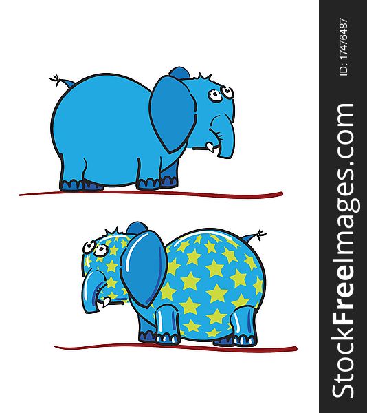 Blue elephants with stars against white background, abstract vector art illustration