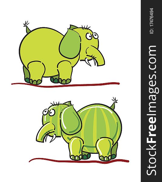 Green elephants with stripes against white background, abstract vector art illustration