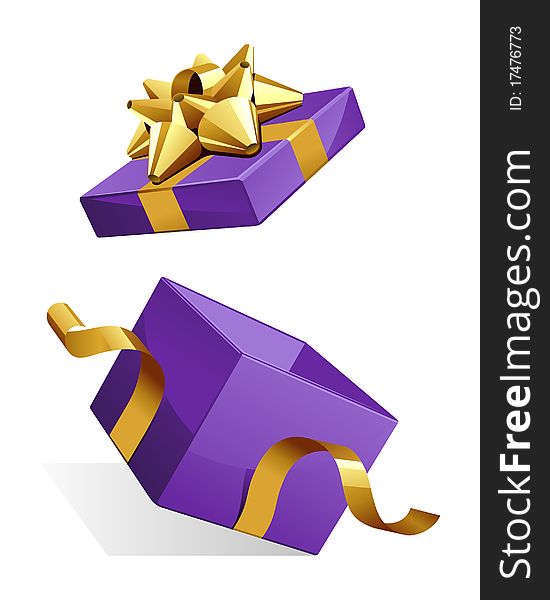 Open gift box with glossy gold bow