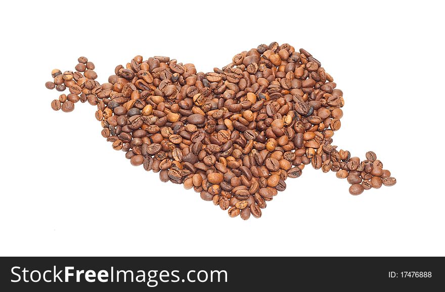 Heart broken through an arrow from the corns of coffees isolated on a white background. Heart broken through an arrow from the corns of coffees isolated on a white background