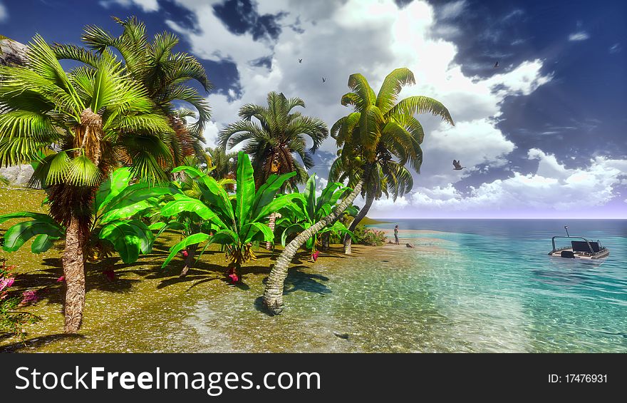 Hawaiian paradise beach with the boat in the sea