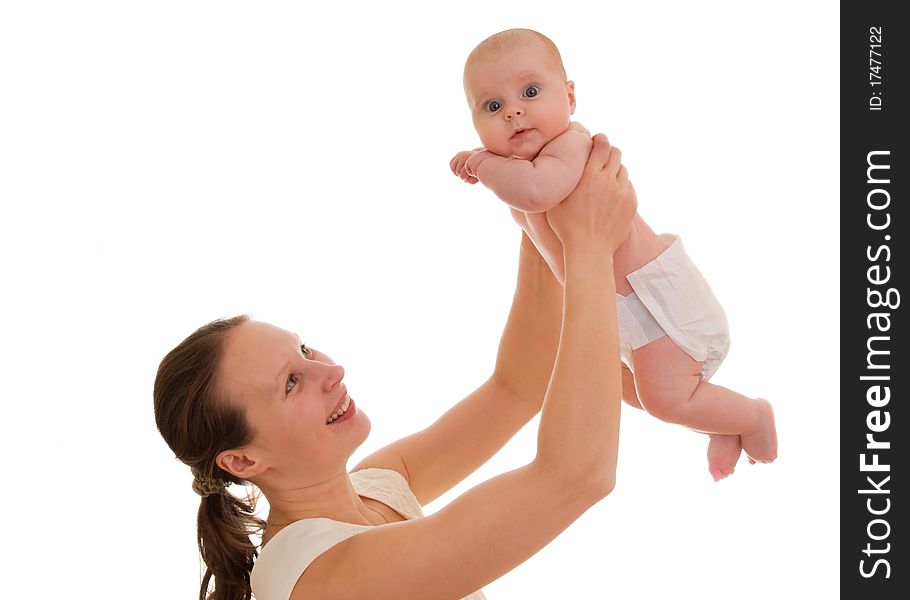 Mother enjoys her child on a white background. Mother enjoys her child on a white background.