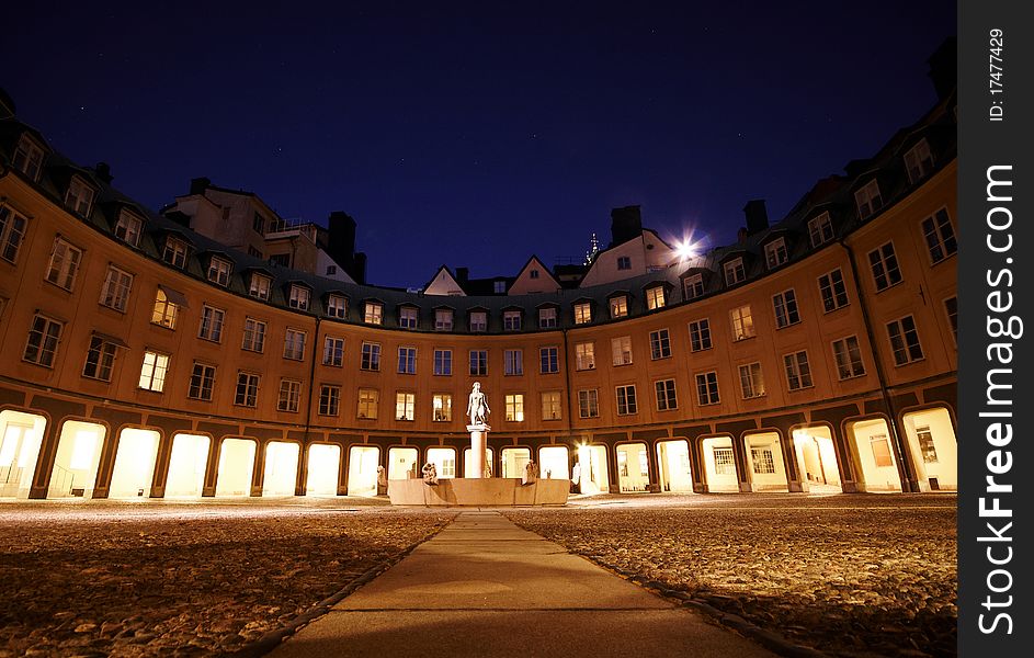 Round square with statue, night Stockholm, Sweden. Round square with statue, night Stockholm, Sweden