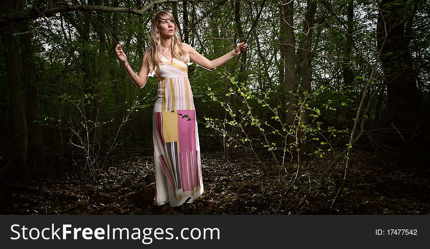 Wide-angle portrait of a young lady in a dark forest. Wide-angle portrait of a young lady in a dark forest