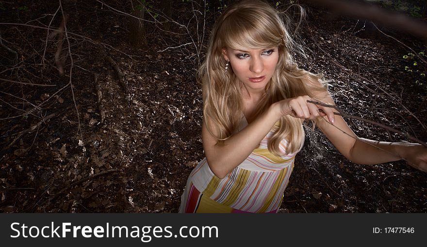 Wide-angle portrait of a young lady in a dark forest. Wide-angle portrait of a young lady in a dark forest