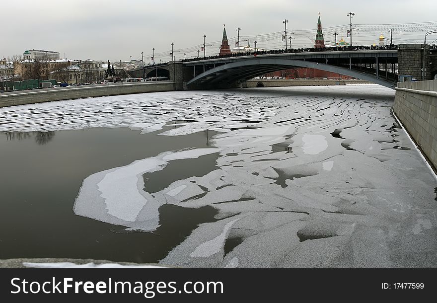 Russia, Moscow, panoramic view of the Moskva River on an overcast winter day, the Great Stone Bridge and the Kremlin. Russia, Moscow, panoramic view of the Moskva River on an overcast winter day, the Great Stone Bridge and the Kremlin