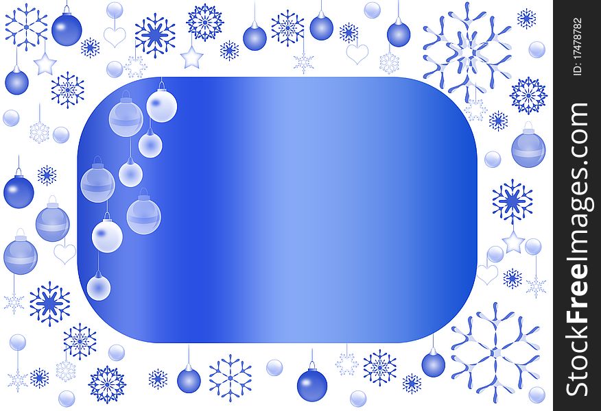 Holiday blue card with decoration balls and snowflakes