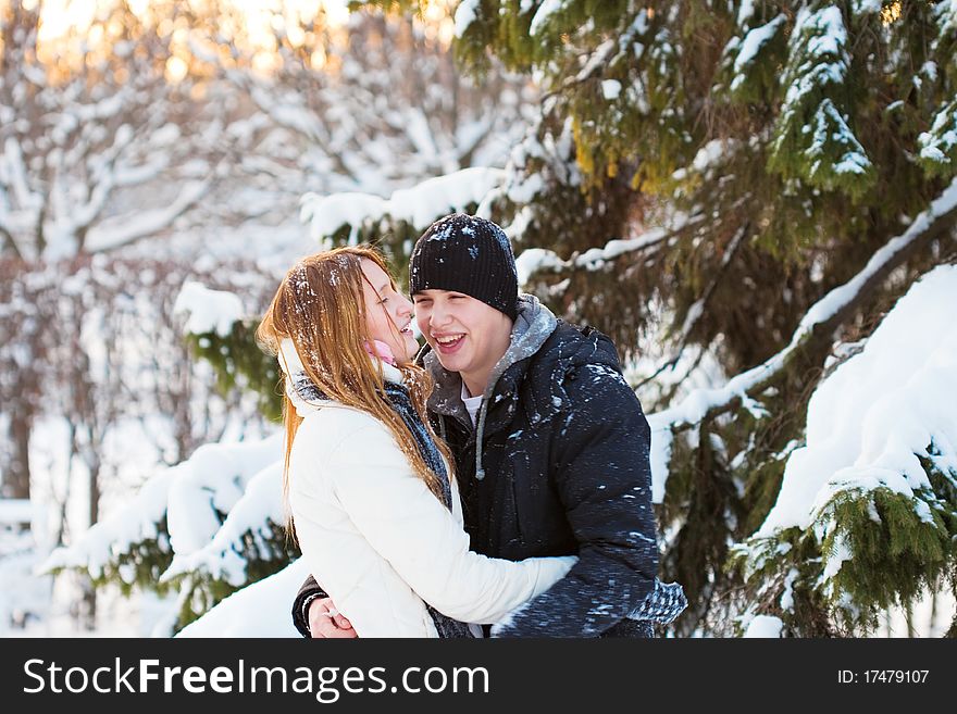 Young pair walks in wood, winter. Young pair walks in wood, winter