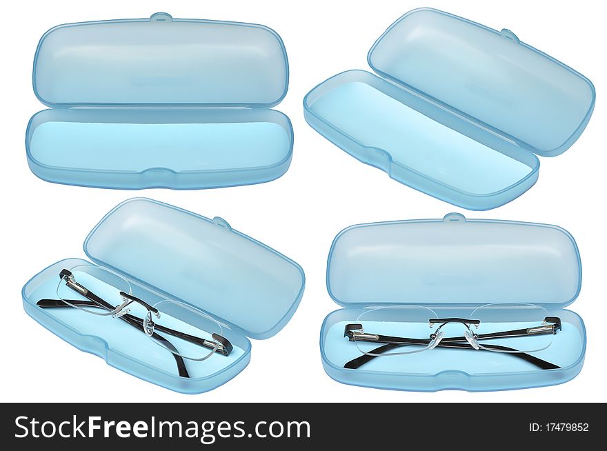 Collection picture of open sweet blue glasses box with spectacles on white background.