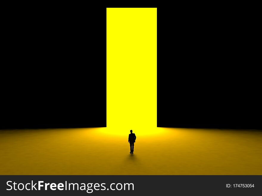 Success concept with businessman, Image of miniature businessman standing in front of open door on black wall background, 3D rendering